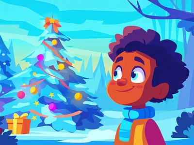 Young Boy Admiring Decorated Christmas Tree in Snowy Forest boy celebration character children chirstmas tree family festive flat illustration gifts holiday illustration kurzgesagt landscape merry christmas new year old town storybook ui vector winter