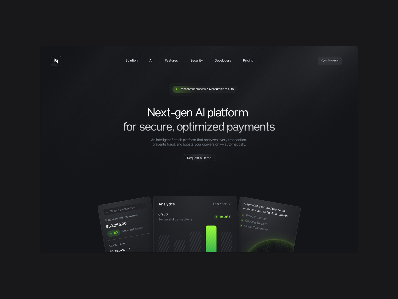 AI Fintech Landing Design for Secure Online Payments – Arvio ai desktop fintech landing hero payment platform saas ui design visual web web design website