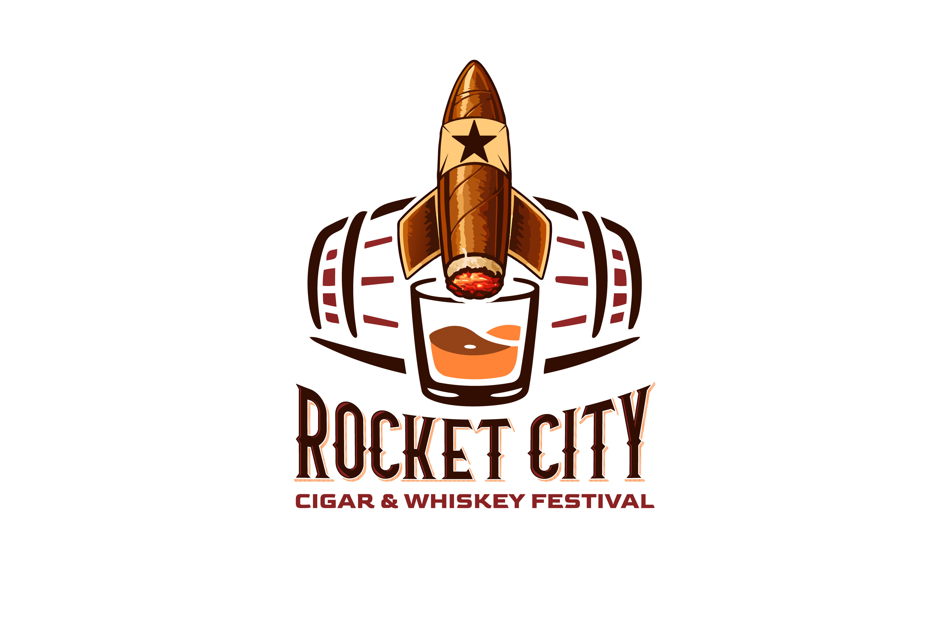 Rocket City Cigar & Whiskey Festival Logo badge logo brand identity branding cigar logo emblem logo event logo festival logo illustration logo design rocket logo typography vintage logo whiskey logo