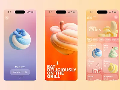 Mobile App - marshmallow 3d art app design candy art concept app digital food e commerce app food design gradient background ios design landing page marshmallow mobile app modern ui pastel colors playful design playful ui product card product design soft 3d ui design
