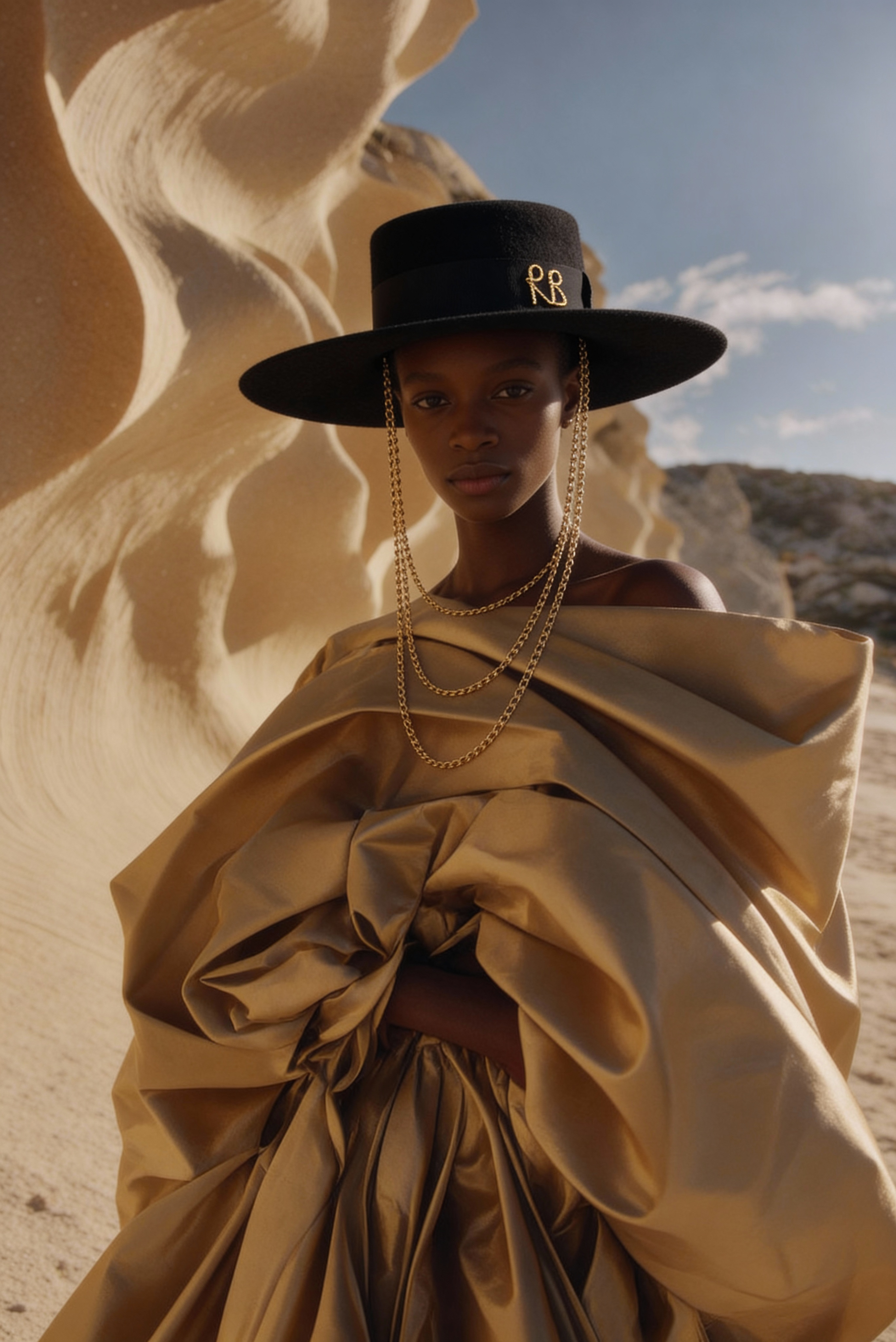 Ruslan Baginskiy - Sculptural Desert Elegance AI Fashion Visual ai design ai visuals brand visuals design digital fashion fashion editorial generative ai illustration jewelry branding