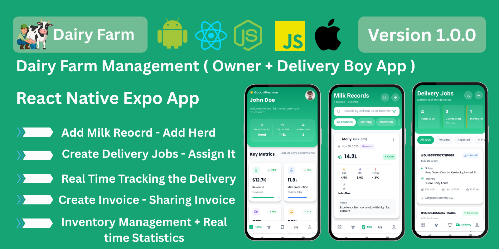 Complete Dairy Farm Management System | React Native | Dual Apps agricultural management agritech solution ai app dairy business software dairy farm management dairy farm technology delivery optimization delivery tracking system farm management software farm operations farm productivity farm resource management livestock management livestock tracking milk collection milk delivery app milk yield analysis react native react.js ui