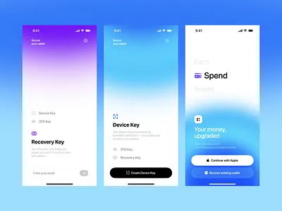 Fintech Wallet App – Recovery Key & Authentication account security app design authentication digital finance digital wallet figma design financial product fintech fintech app gradient design ios app mobile app onboarding onboarding flow recovery key user interface wallet wallet app