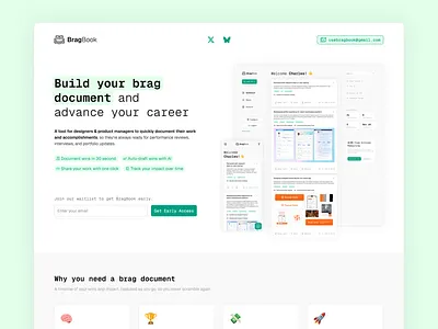 Landing page for BragBook brag document bragbook design landing page list minimal modern saas software timeline ui ux web design