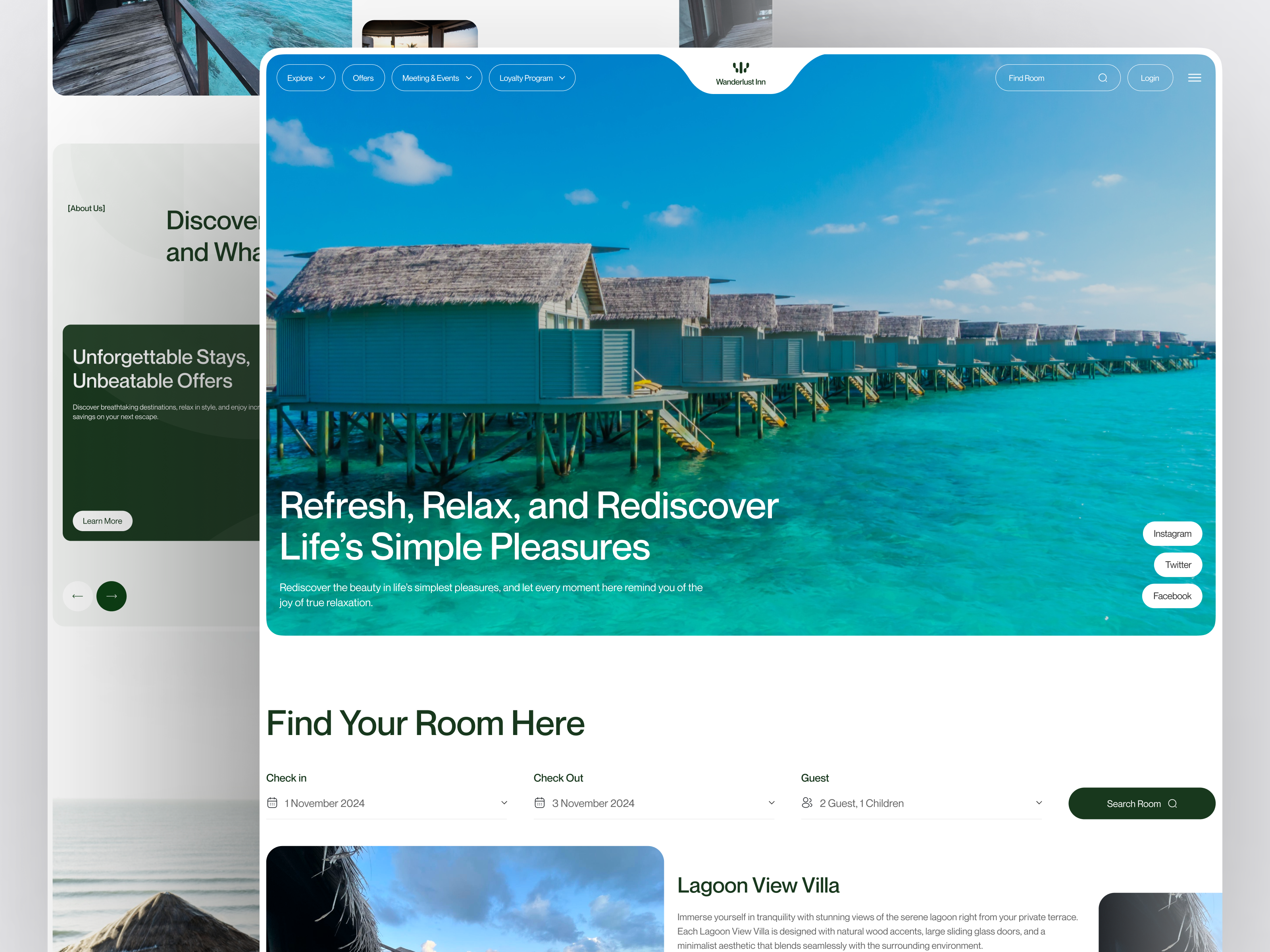 Wanderlust Inn - Hotel & Travel Booking Landing Page adventure agency beach booking destination holiday hotel inn landing page resort sea travel travel web traveling ui ui design vacation villa web design website