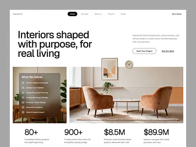 Interior Design Website Hero Section architecture creative studio design esign studio framer header hero section interior design interior design website interior ui luxury minimal service based studio ui uiux web design webflow website design wingly agency