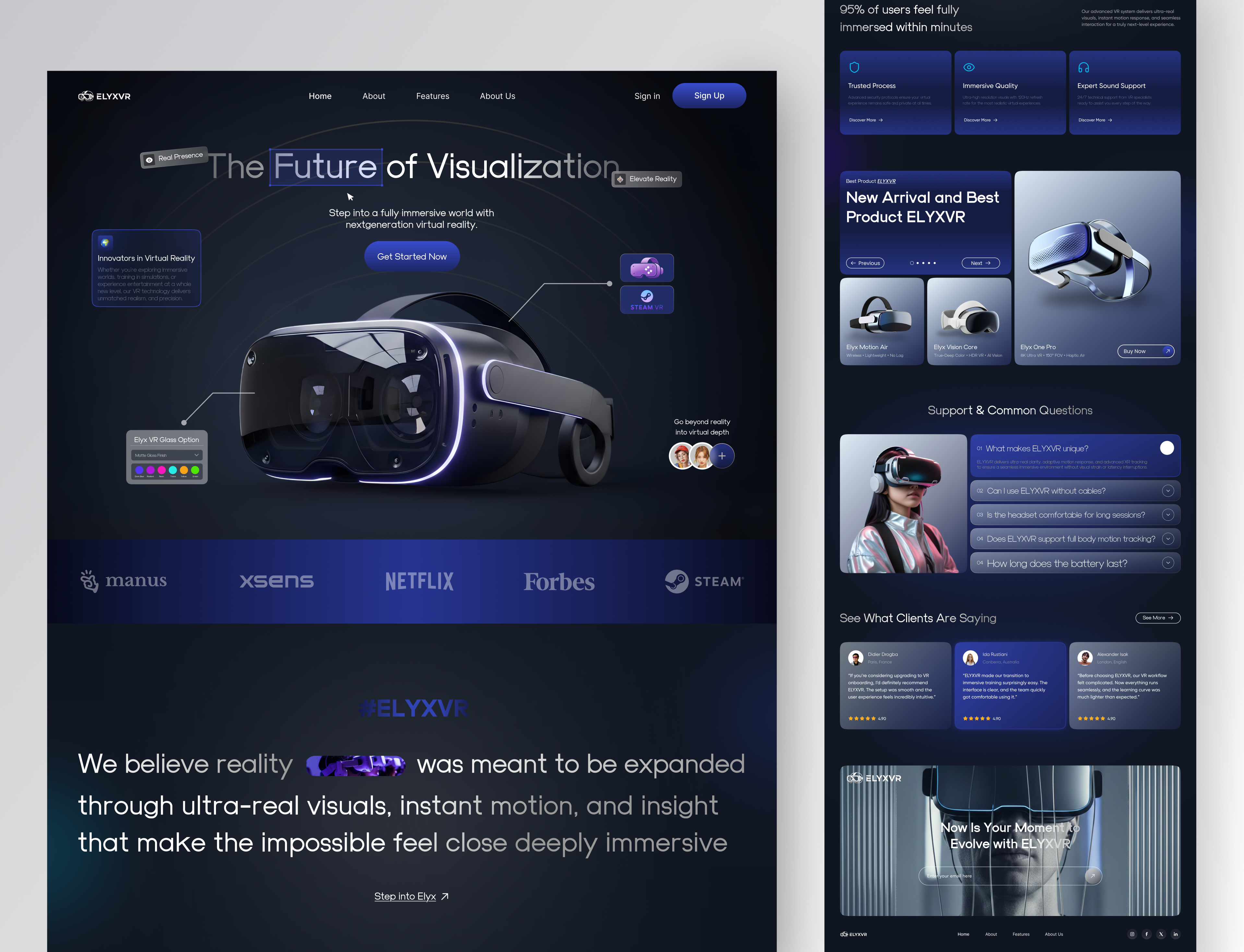 ELYXVR — Virtual Reality Landing Page UI 3d illustration branding darkui futuristictech interface design landing page modern ui saaswebsite technology ui uidesign uxdesign virtualreality vr web experience webdesign website product websitedesign