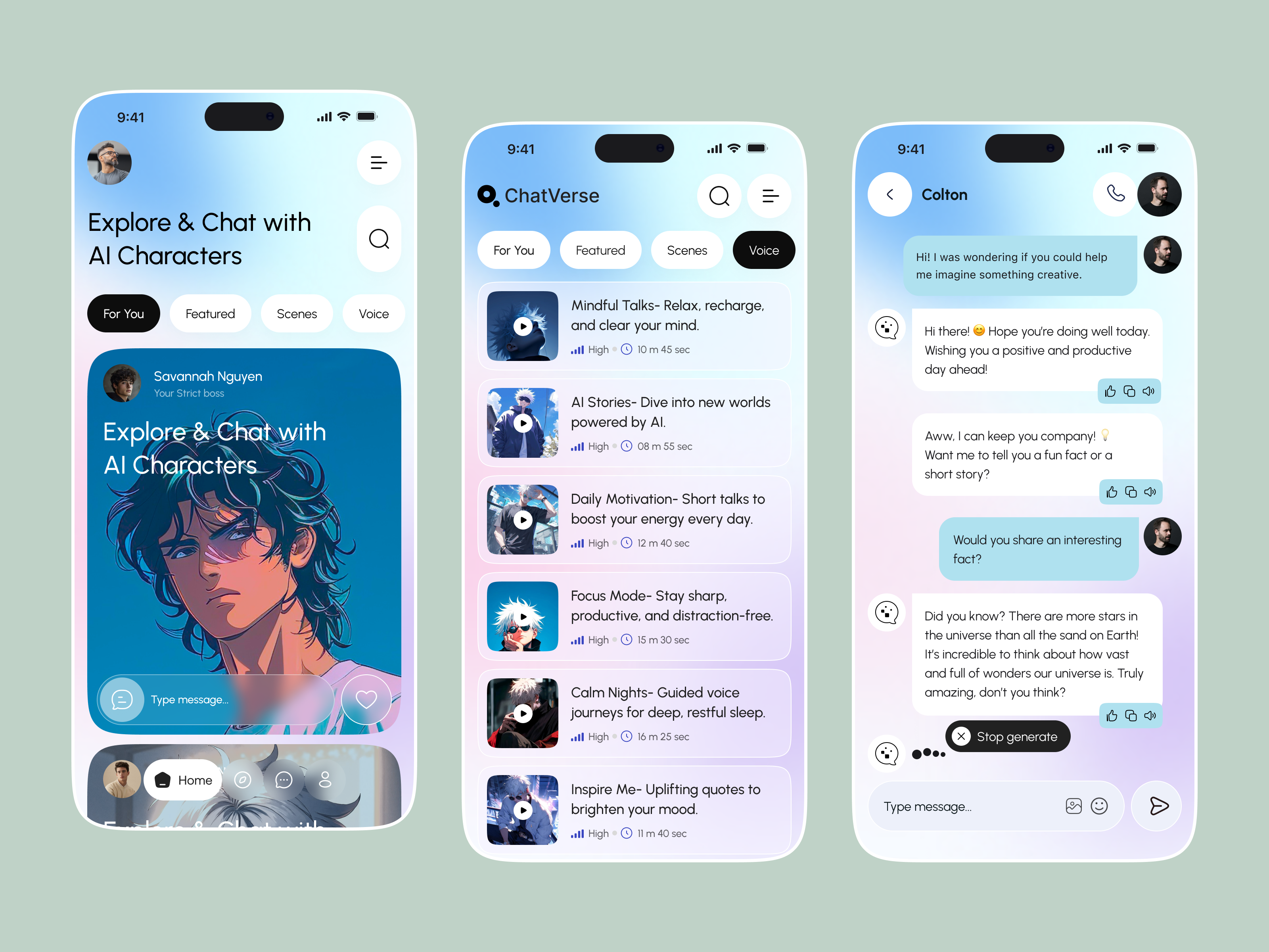 AI Character Chat & Voice Assistant Mobile App UI ai app ai character ai chat character ai app chatbot futuristic ui mobile mobile app mobile app ui modern ui saas app ui ux design voice assistant