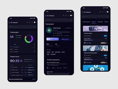 Fobework - Workspace Project Tracking Mobile App UI agency project management app animation app app design dark mode dashboard ui dark mode mobile app ui iso mobile app design management mobile app ui mobile mobile app design motion graphics product design productivity saas mobile ux project management app project management app ui project monitoring flow saas dashboard mobile app team collaboration app design workflow management app ui