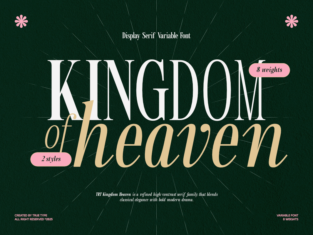 TRT Kingdom Heaven Serif Family branding clean design display font elegant font font family free download graphic design logotype magazine modern poster