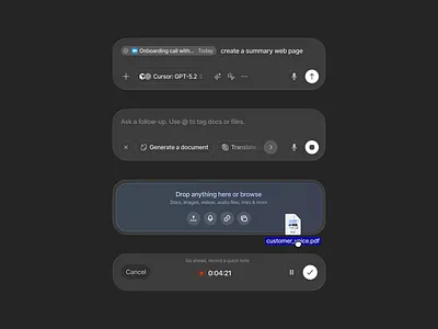 AI chat inputs UI in dark theme ai ai chat ai input app assistant clean dark theme design field gpt input interface minimal product design saas ui user interface ux web