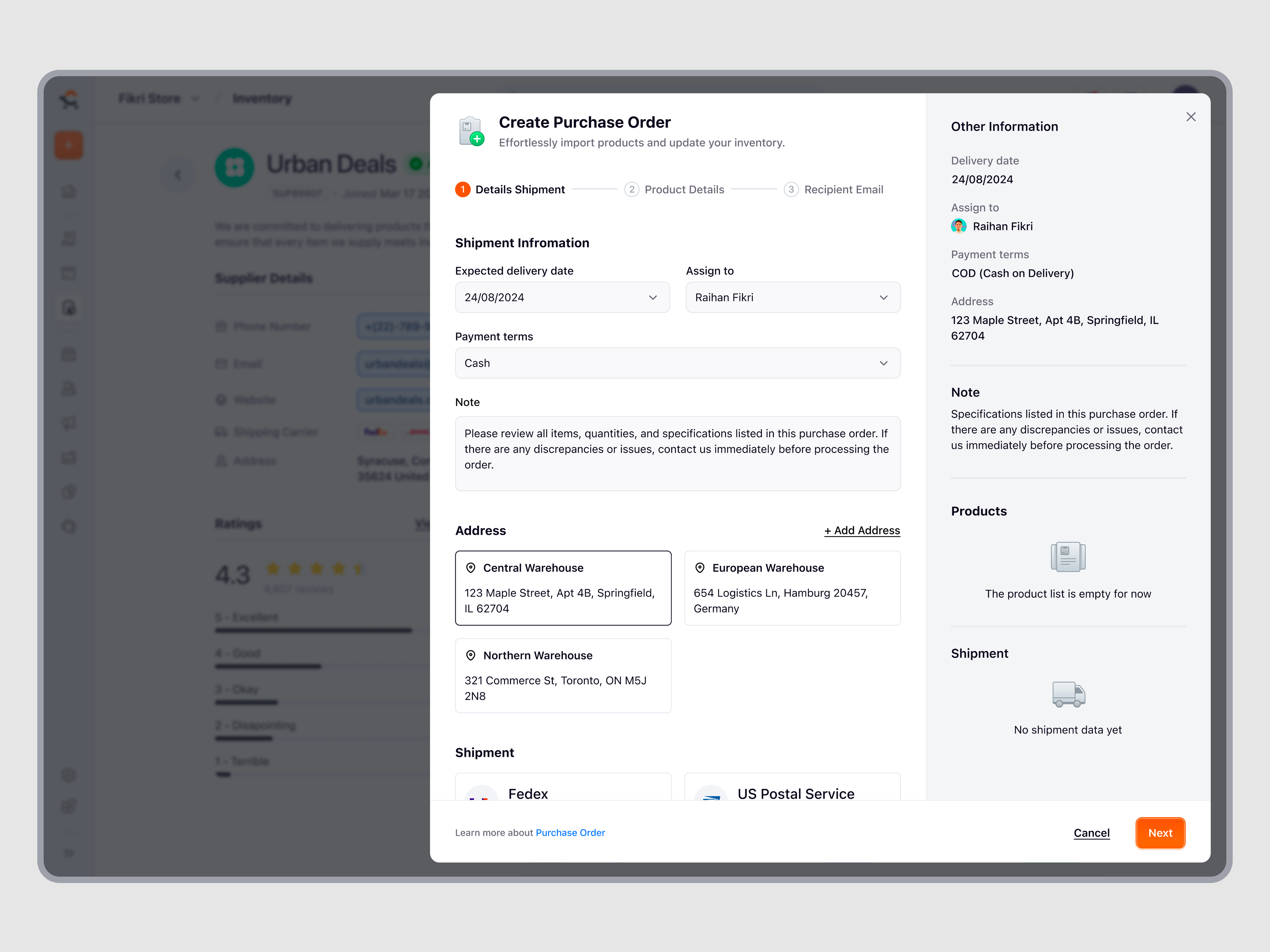 Example of Ecomiq — Purchase Order Shipment Details for SaaS Ecommerce