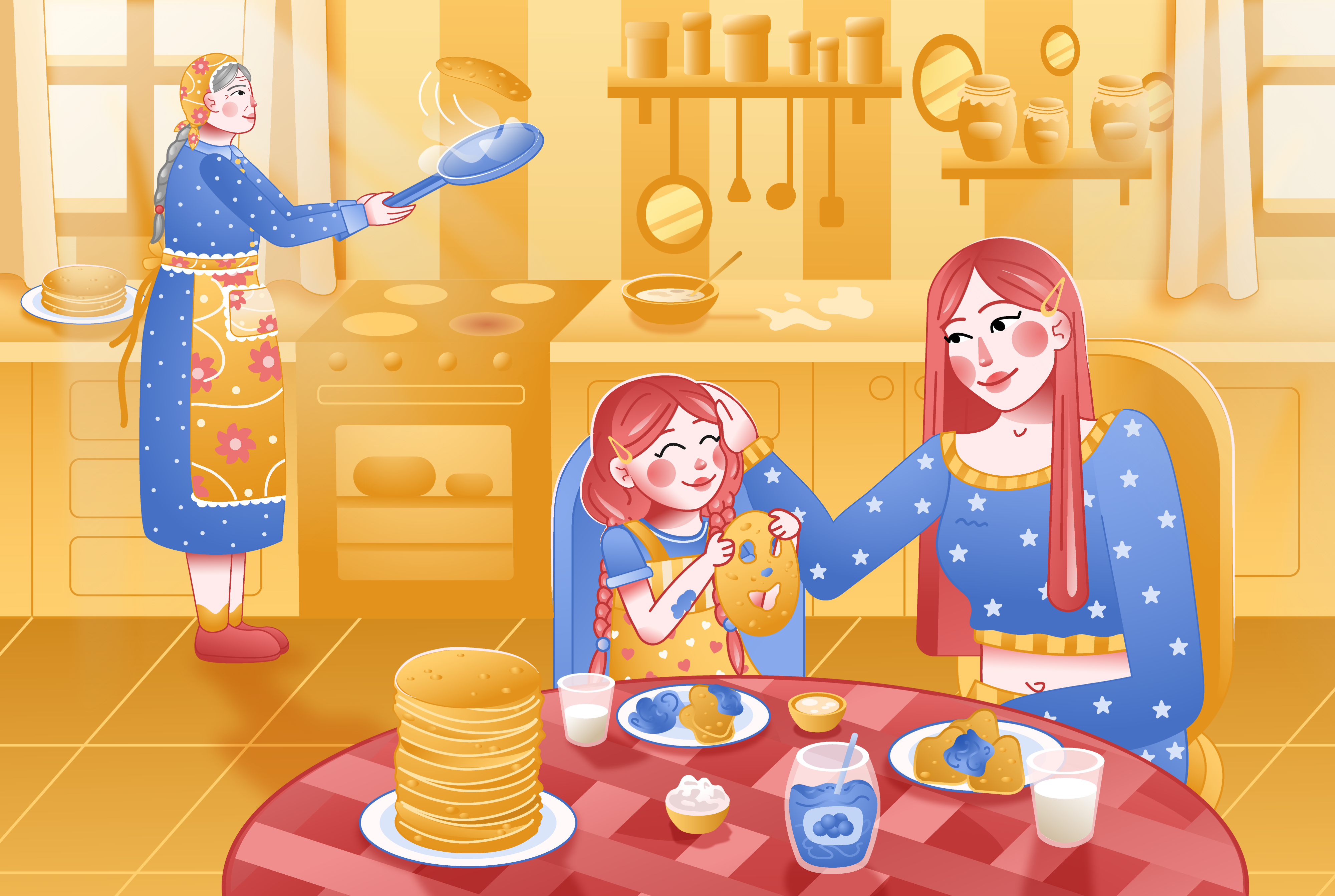 family breakfast atmosphere breakfast character child cute family gradient grandmother hair illustration jam kitchen light love milk mom morning pancakes table warm