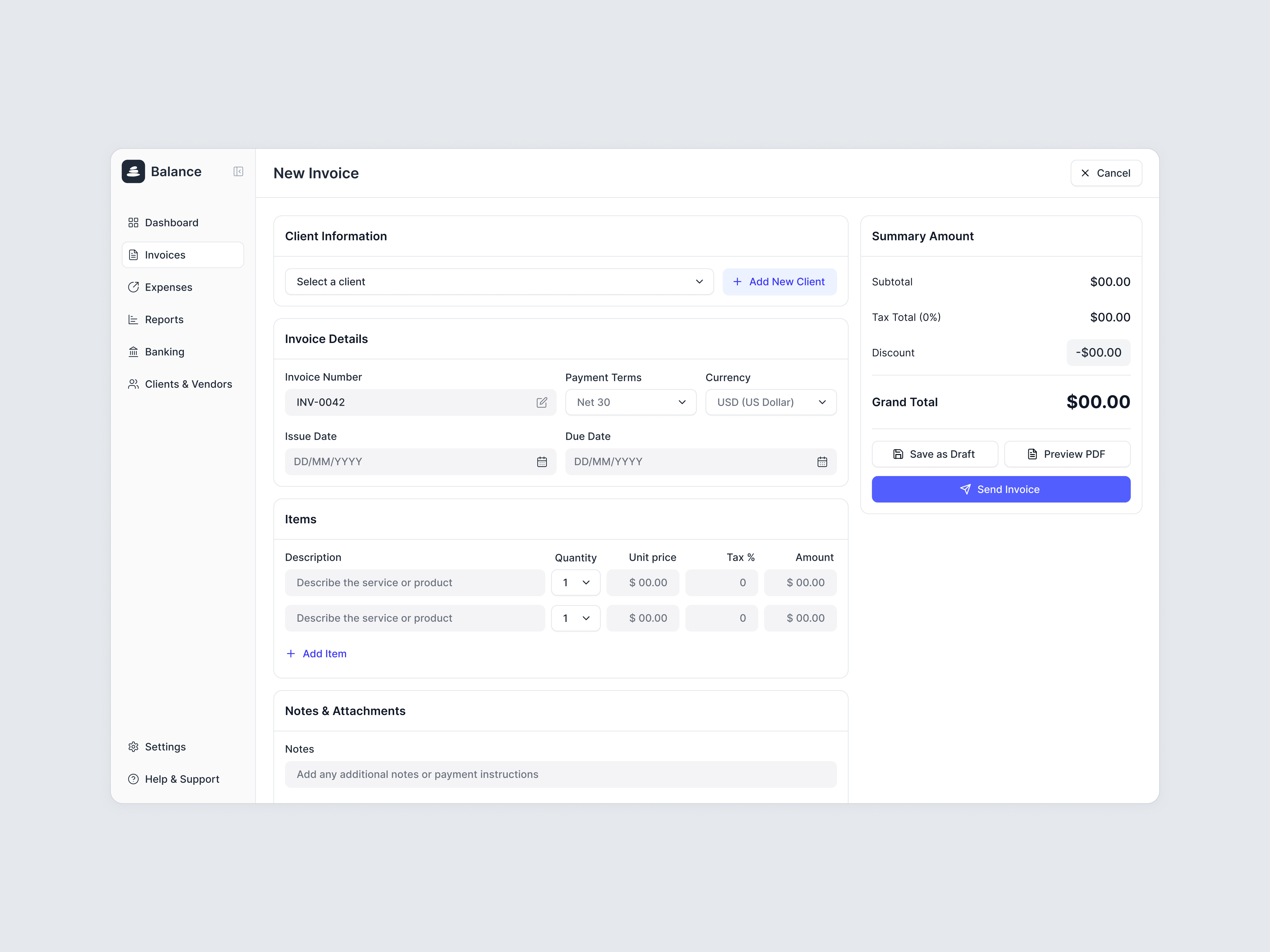 Example of Invoice Editor — Balance Financial App
