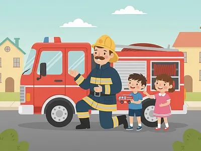 Cheerful Firefighter & Kids Illustrations cartoon firefighter illustration kids safety vector