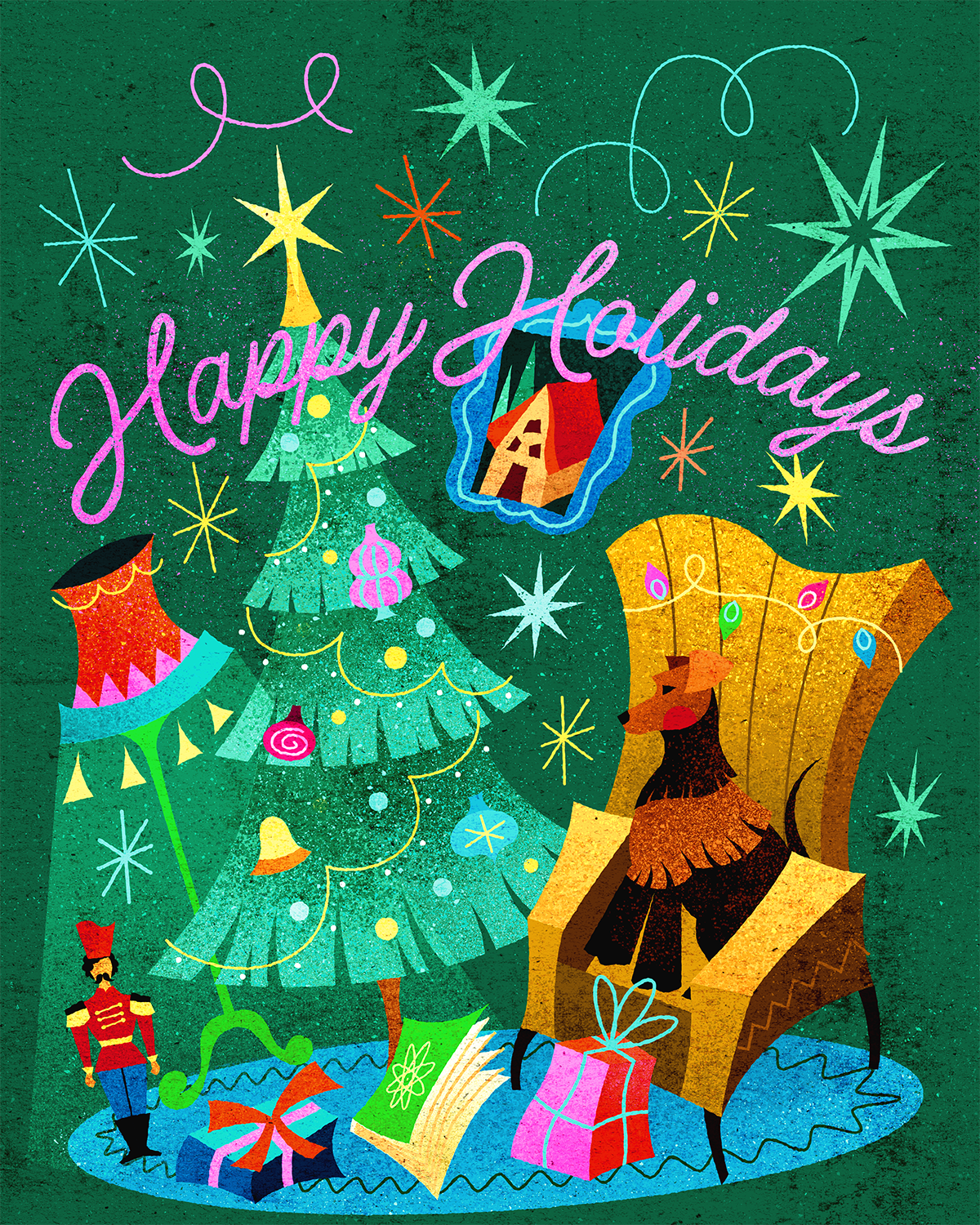 Holidays Greeting Card abstract adobe illustrator christmas design dog festive geometric greetings card holidays illustration lamp mid century nutcracker pattern presents tree vector xmas