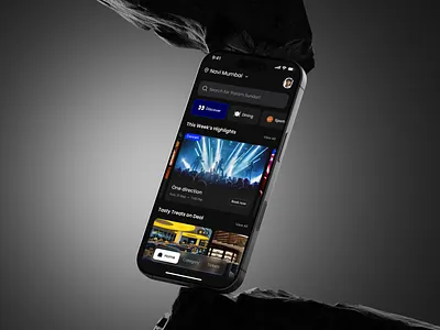 Event Discovery App - Home Screen 🎯 bookingapp concerts darktheme design dinner entertainment event discovery graphic design mobileapp movie productdesign smartdesign sports ticket booking tvshow ui uiux user experience ux