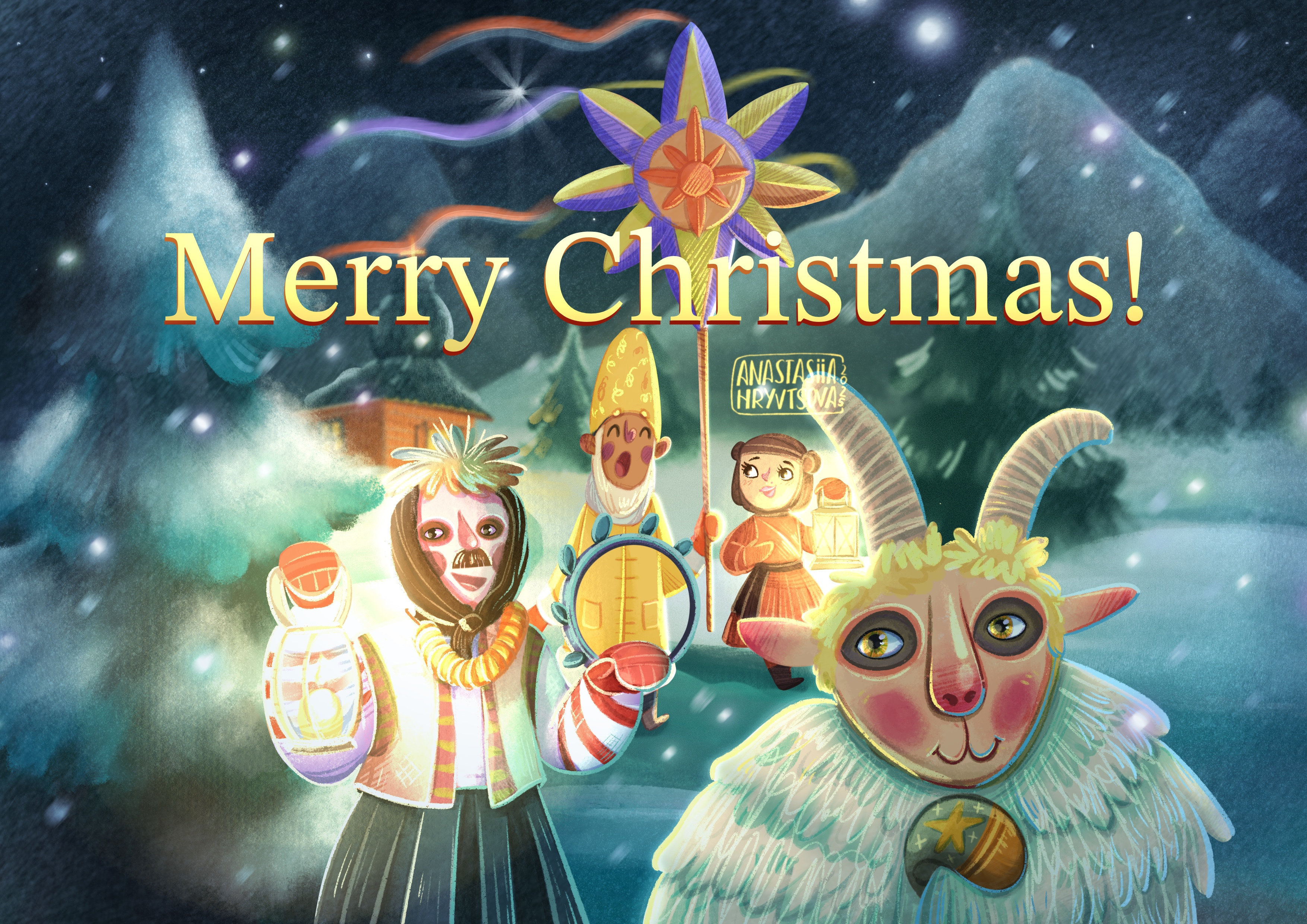 The Christmas evening in Ukraine character design children book christmas illustration malanka new year procreate