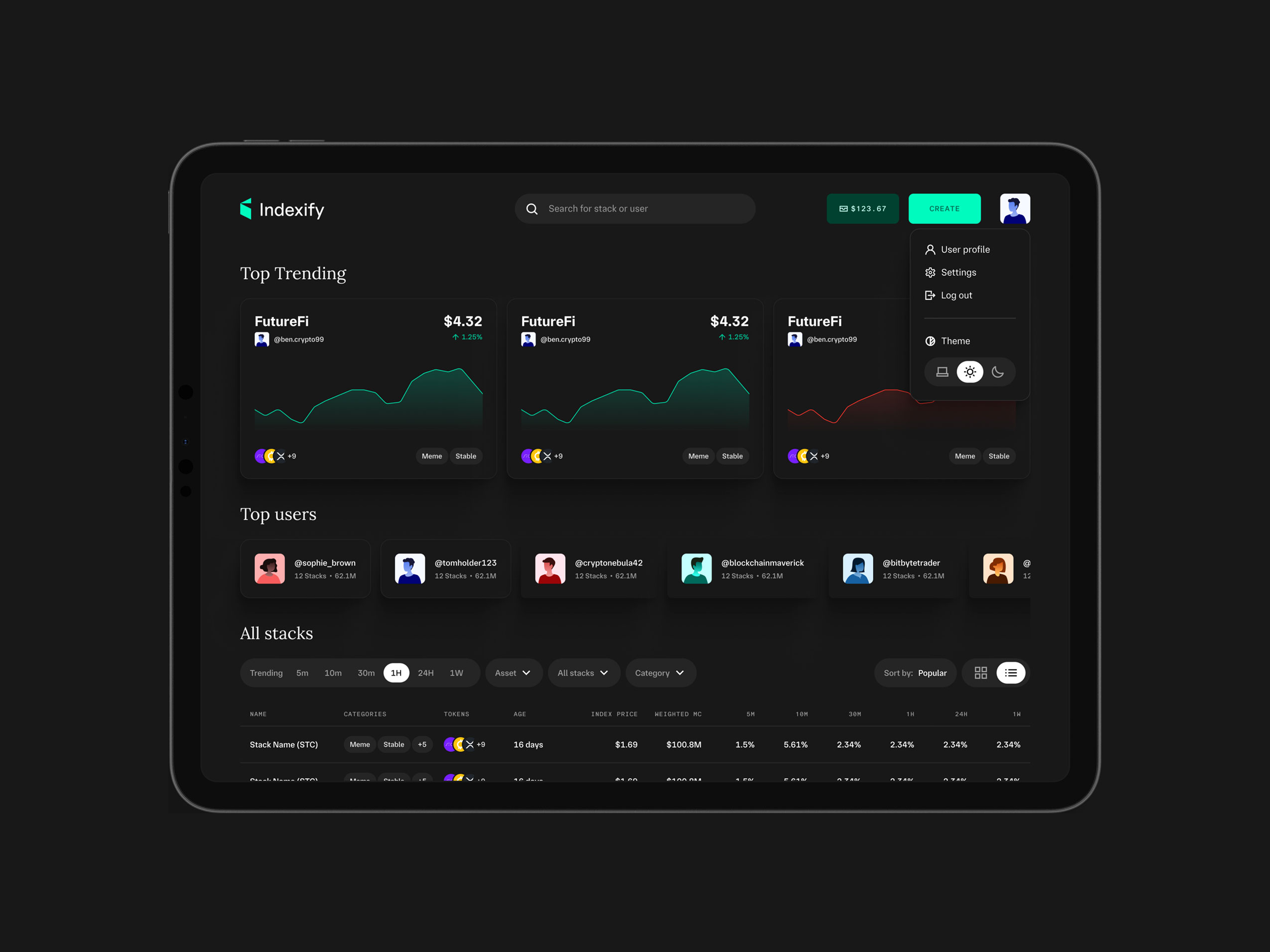 Example of Indexify - Social Investing Platform