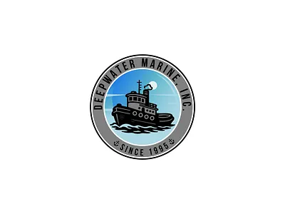Deepwater Marine Inc. Logo Design | Vintage Marine Badge badge logo brand identity business branding circle badge logo classic logo crew uniform logo emblem logo illustration logo industrial logo logo design marine illustration marine logo maritime branding maritime identity nautical logo retro logo ship logo shipping company logo tugboat logo vintage logo