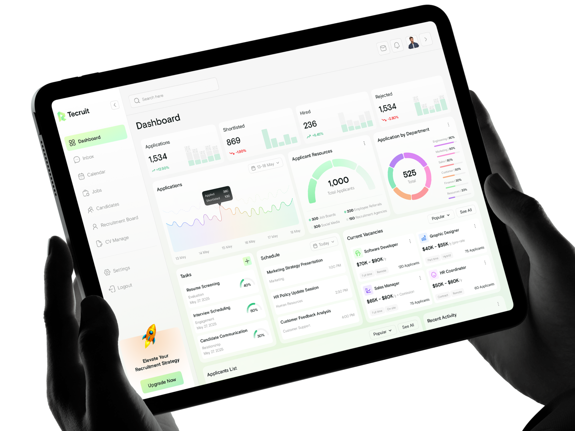 HR Dashboard for Applicant Tracking analytics applicant tracking applicanttrackingsystem chart clean crm dashboard erp graphic design hr light mdern metric product design recruitment saas ui ux web website