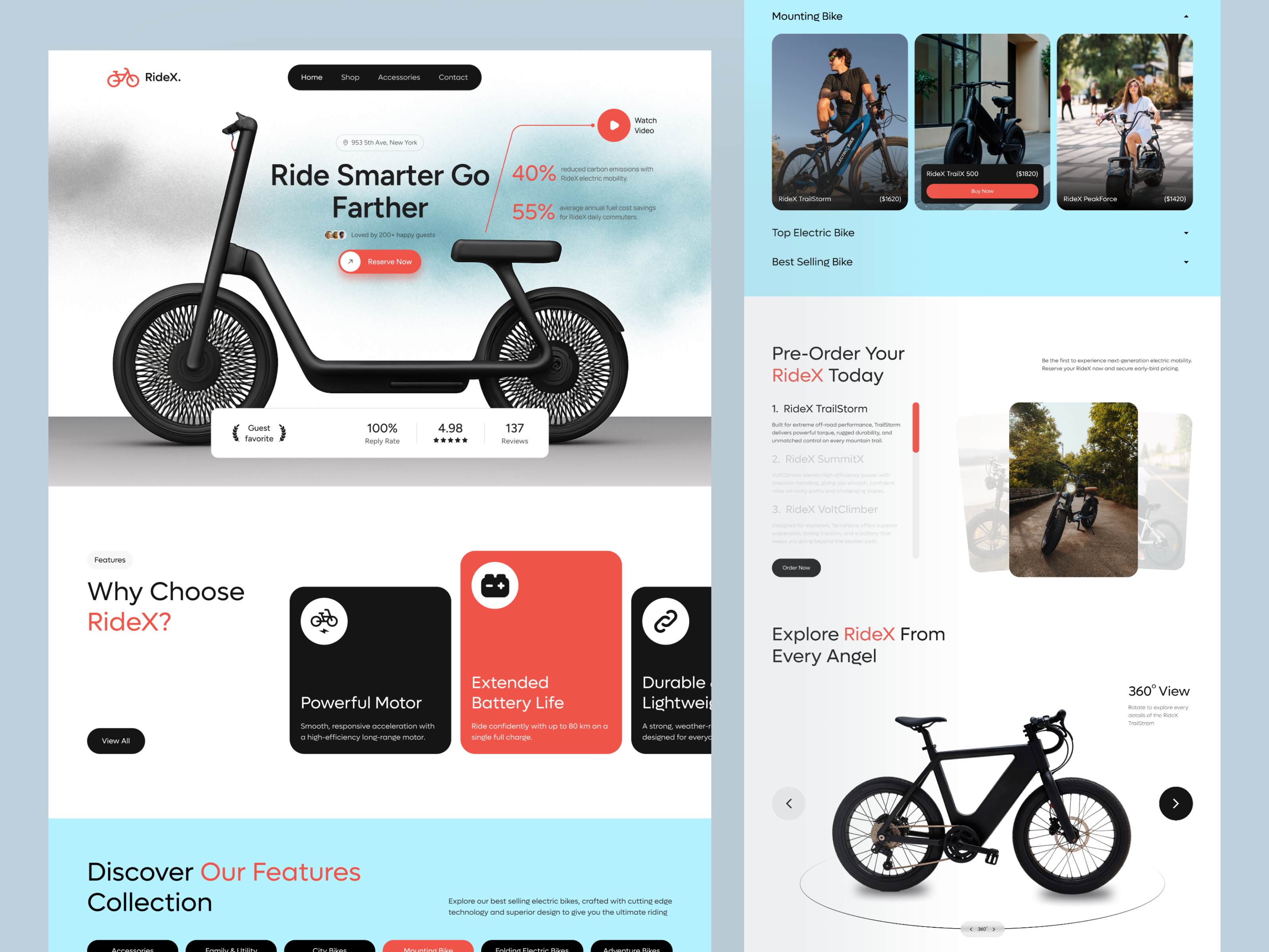 RideX E- bike Website UI cycling digital design e bike service e commerce web eco friendly electric homepage land landing page motorcycle vehicle web ui website design