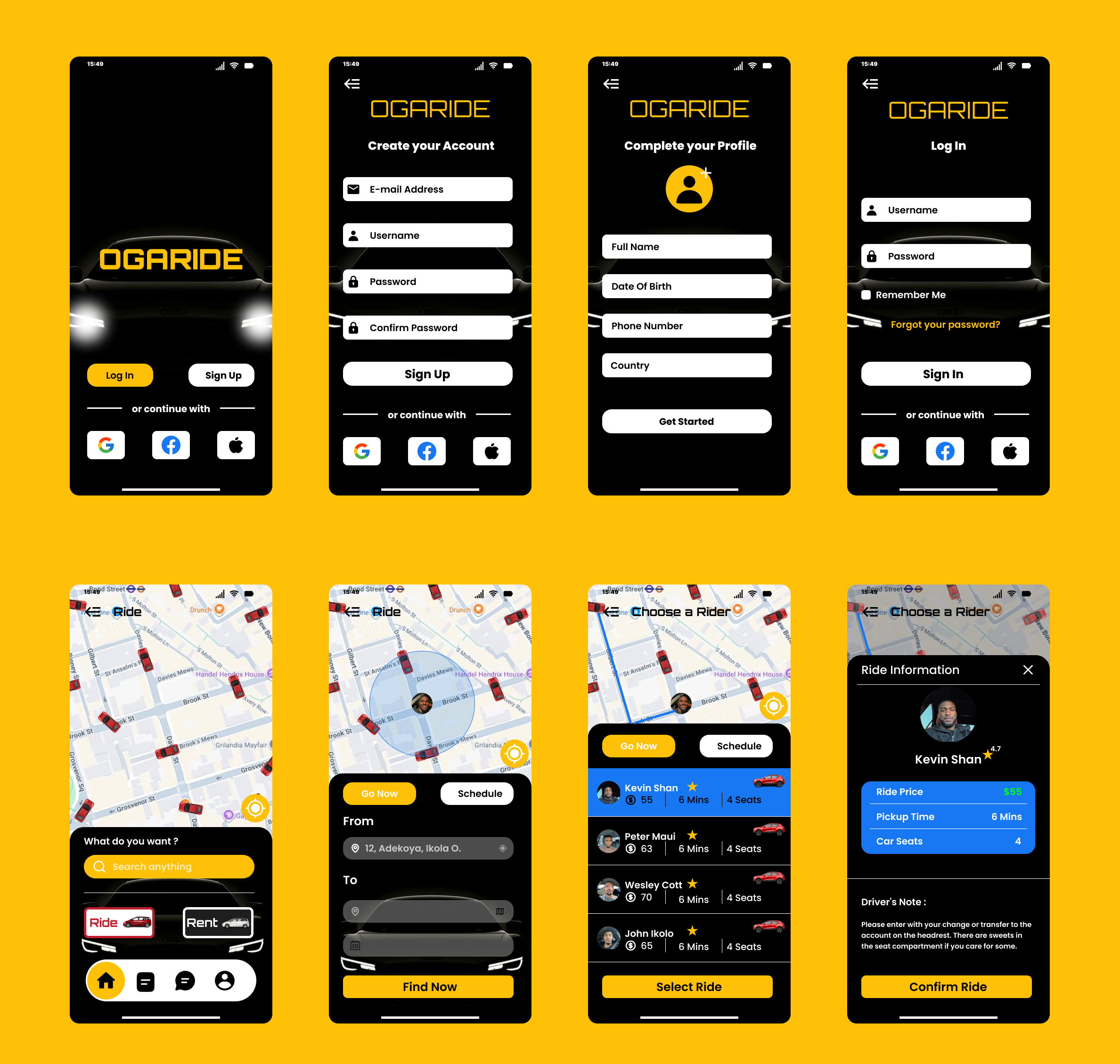 OGARIDE - Ride Booking App UI app branding design graphic design illustration ui vector