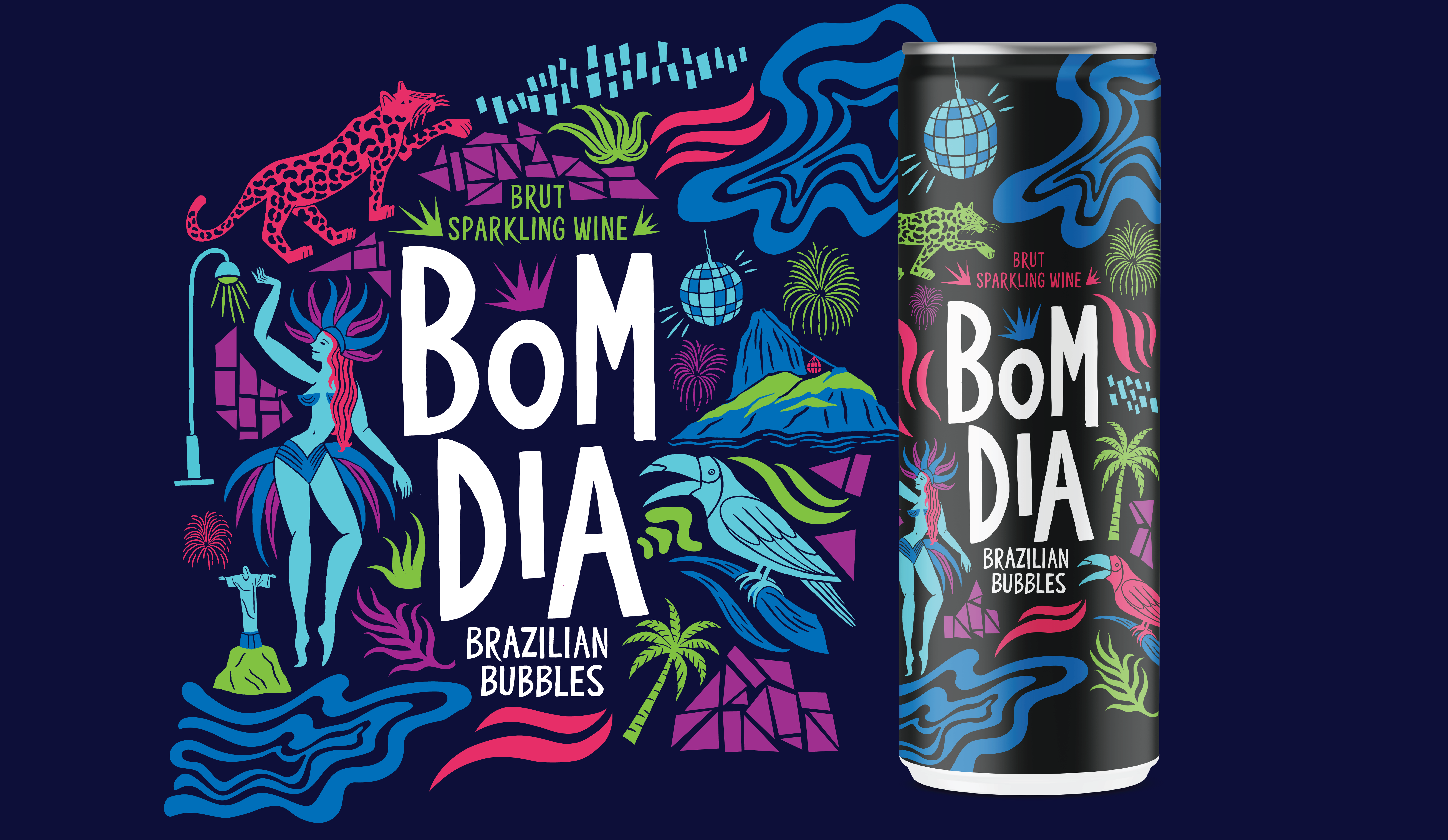 Bom Dia Brazilian Bubbles Packaging branding brut canned wine illustration packaging design sparkling wine