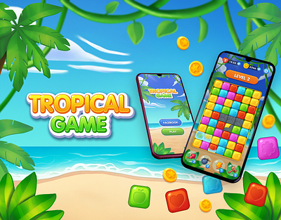Match-3 Game for mobile "Tropical game" 2d 2d art casual casual game cg design game logo match 2 match 3 mobile game ui