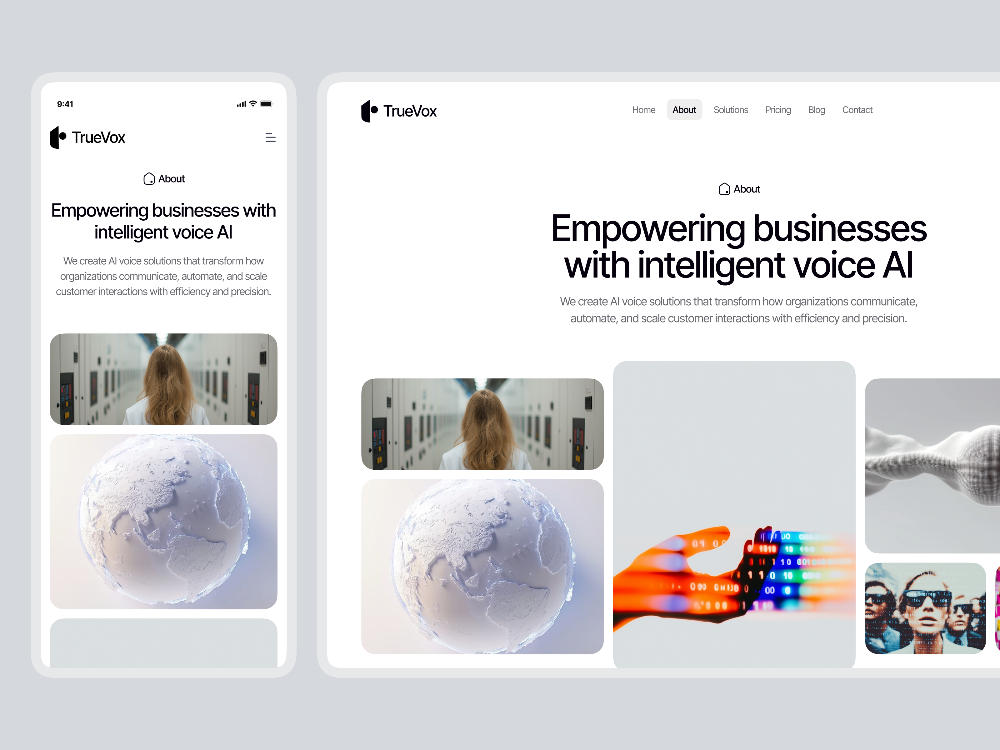 TrueVox — AI Voice Agent Website UI Design | About Us| Hero interface product service startup ui ux web