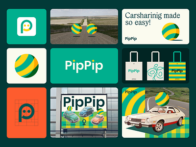 PipPip Rebranding branding carsharing green and yellow identity illustration logo logomark p logo smile logo typography