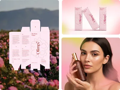 Olimp7 - brand visual identity and packaging beauty bio bottle brand identity cosmetic damascena graphic design illustration label logo packaging pink rose rose valley rose water visual identity