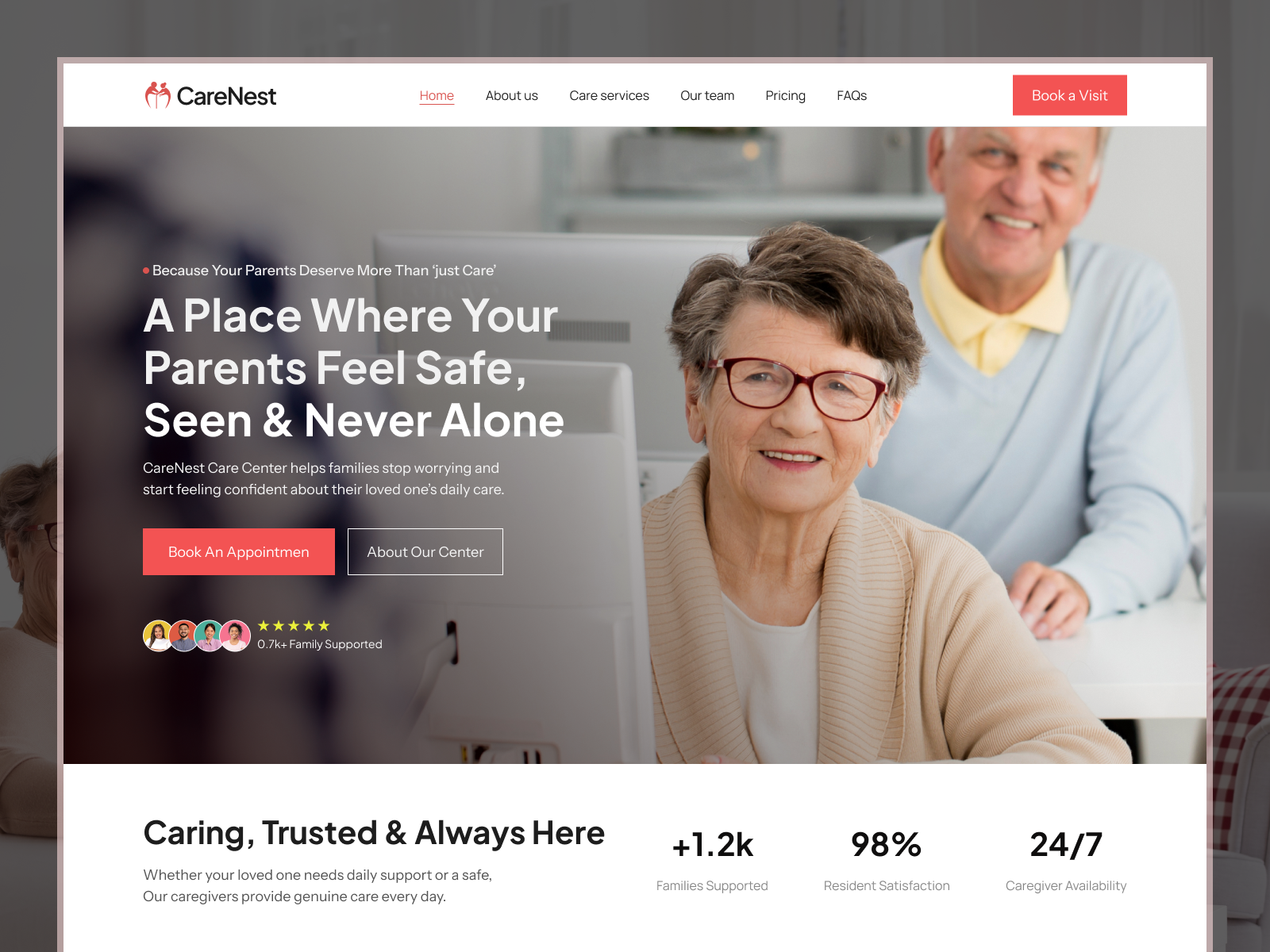 CareNest – Senior Care & Assisted Living Website assisted living bricks care center caregiver clean ui elderly care elementor health services healthcare website home care landing page medical ui oldage home website responsive design senior care ui design ux design web design website ui wellness