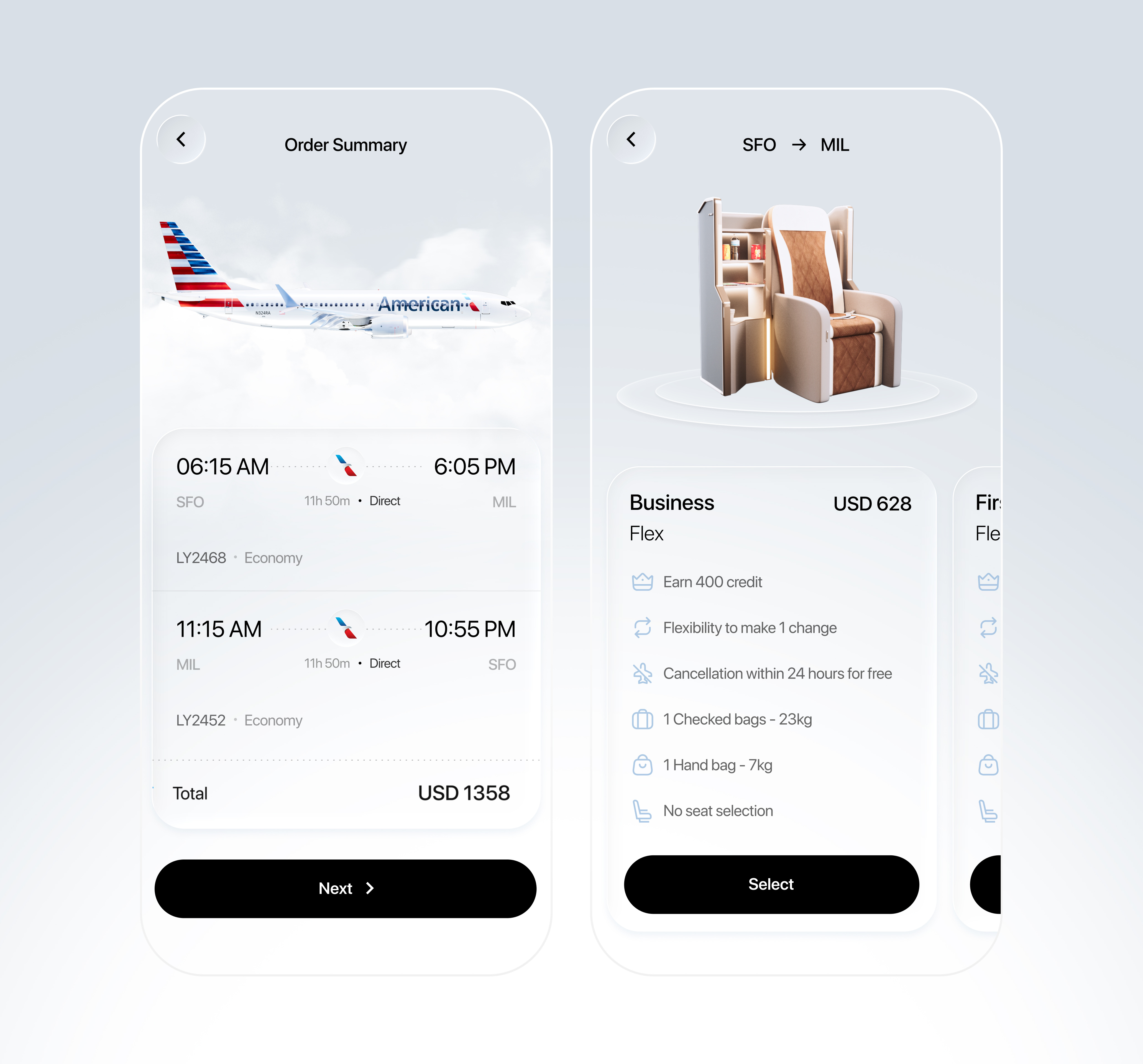 Flights App — Glass UI Light Mode Design by AmazingUI 3d booking booking app booking ui business class first class flight flight app flight tickets flights flights app mobile plane premium design premium ui travel app travel ui traveling ui ui ui flights
