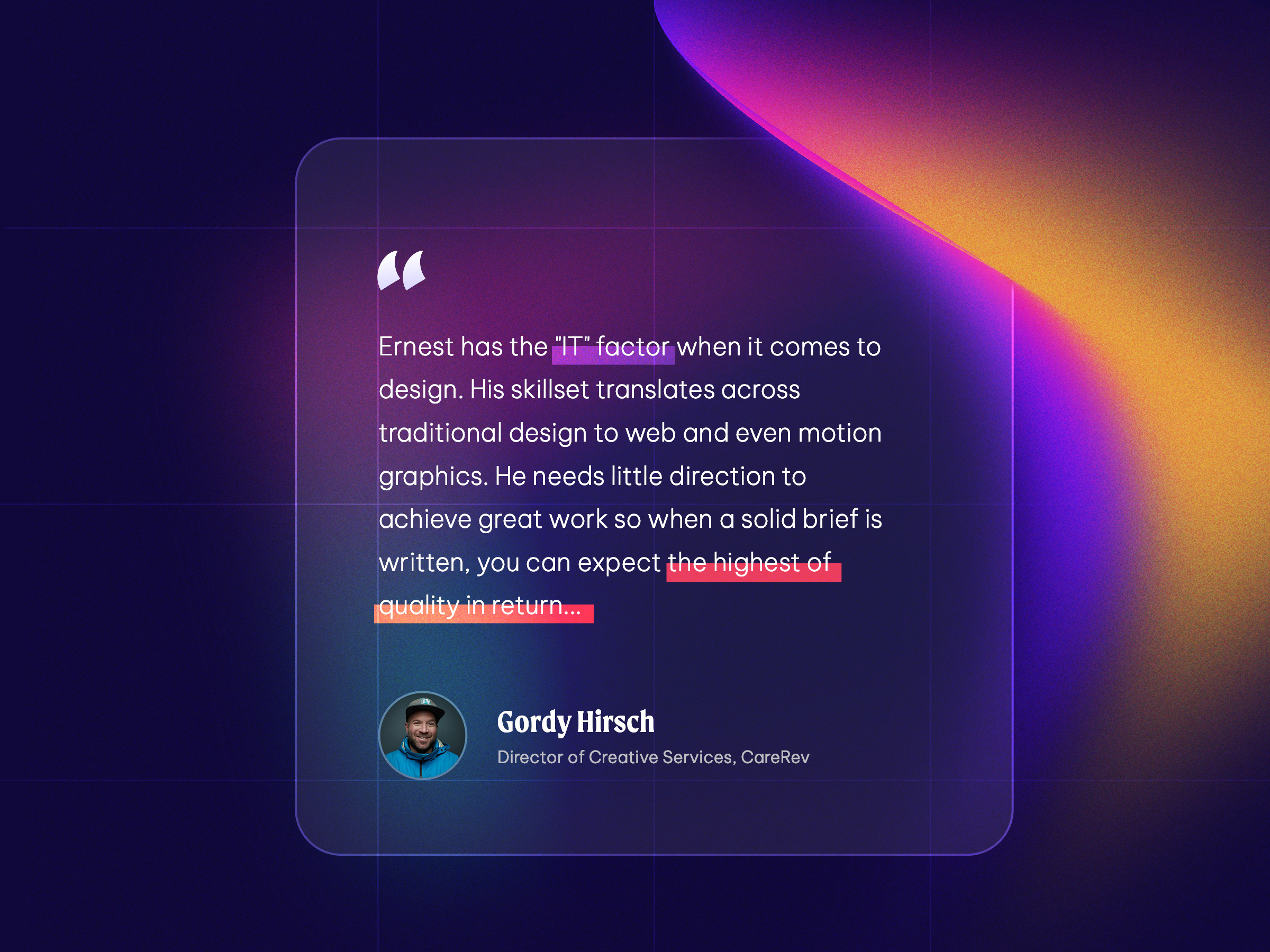 Testimonial Card - Dark Mode card ui frosted ui noisy gradient testimonial testimonial card