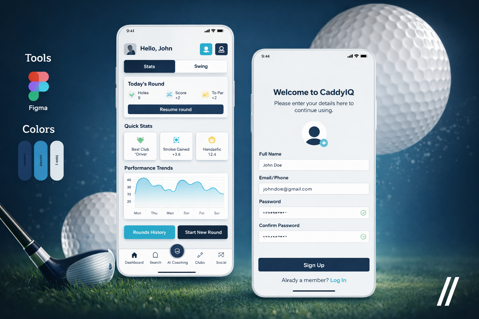 CaddyIQ - Smart Golf Tracking & AI Coaching App branding design figma golf tracking app mobile app design mobile redesign prototyping ui user experience user interface ux uxui design wireframing