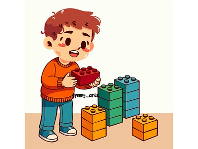 Cartoon Boy Happy Playing with Blocks background block bricks build building chidhood children colorful construction entertainment fun game hand isometric kids piece plastic play puzzle toys