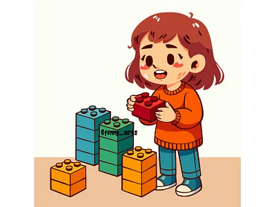 Cartoon Girl Playing with Blocks Happily background block bricks build building childhood children colorful construction entertainment fun game hand isometric kids piece plastic play puzzle toys