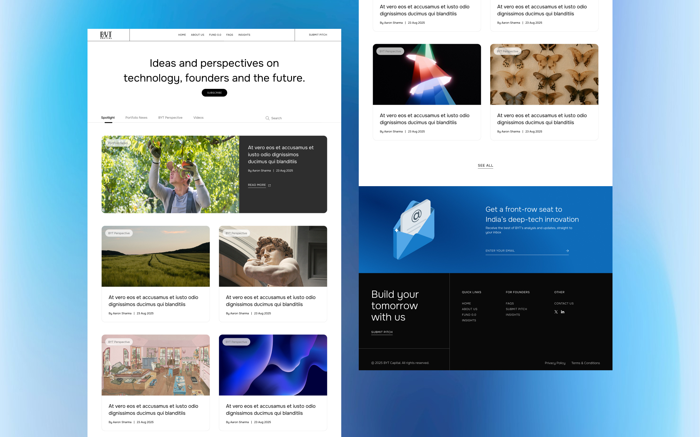 Blog page design for a VC fund website branding ui