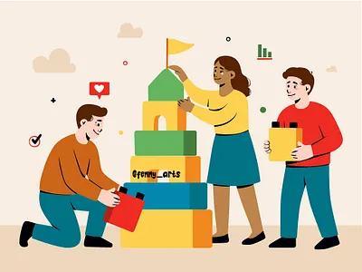 A Group of People Building a Tower background block bricks build building childhood children colorful construction entertainment fun game hand isometric kids piece plastic play puzzle toys
