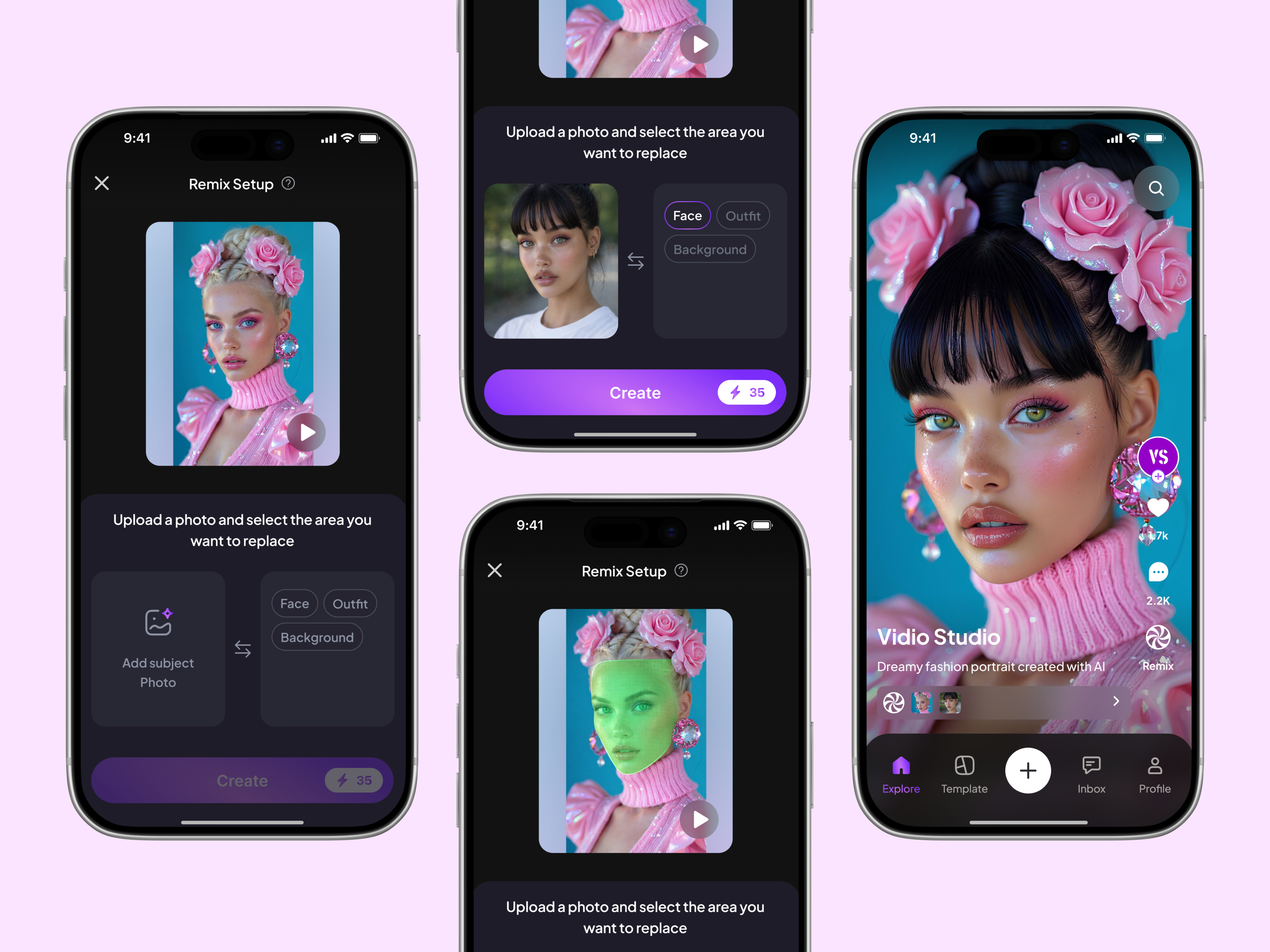 Vidione — AI Remix Video & Social Experience aiimagegenerator aiproductdesign aiux aivideo aivideogenerator commentsystem communitydriven creativeai darkmodeui engagementdesign generativeai interactiondesign mobileappdesign socialexperience userfeedback uxui videoediting videoremix