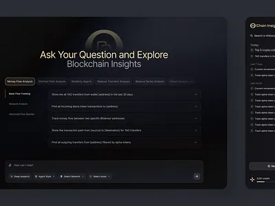 Chain Insights | Blockchain Insights ai assistant ai platform blockchaine branding crypto dark mode dashboard explore platform landing page logo platform ui ui design ux ux research web3