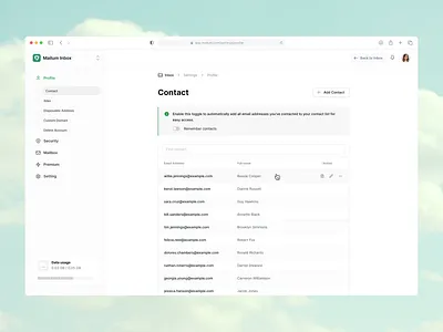 Settings: Contact management branding contact dashboard email inbox list mailbox product saas service table ui web app website