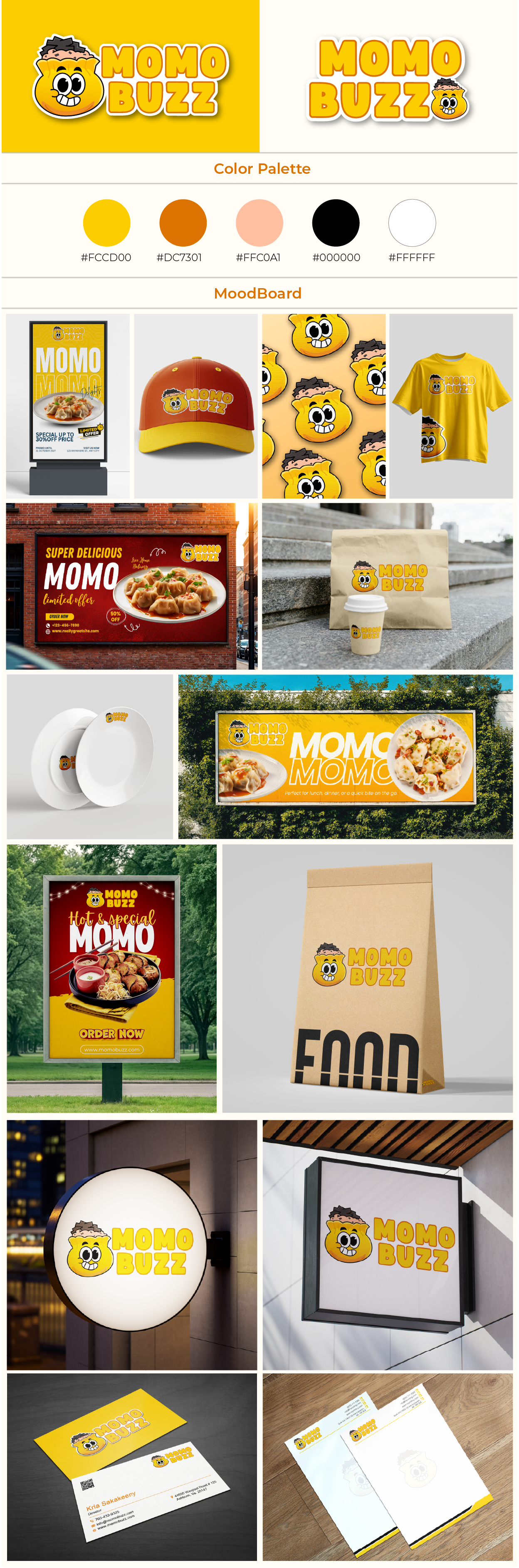 MomoBuzz - Fast Food Mascot & Identity brand guide branding character design fast food branding food logo graphic design logo mascot logo moodboard playful restaurant identity yellow