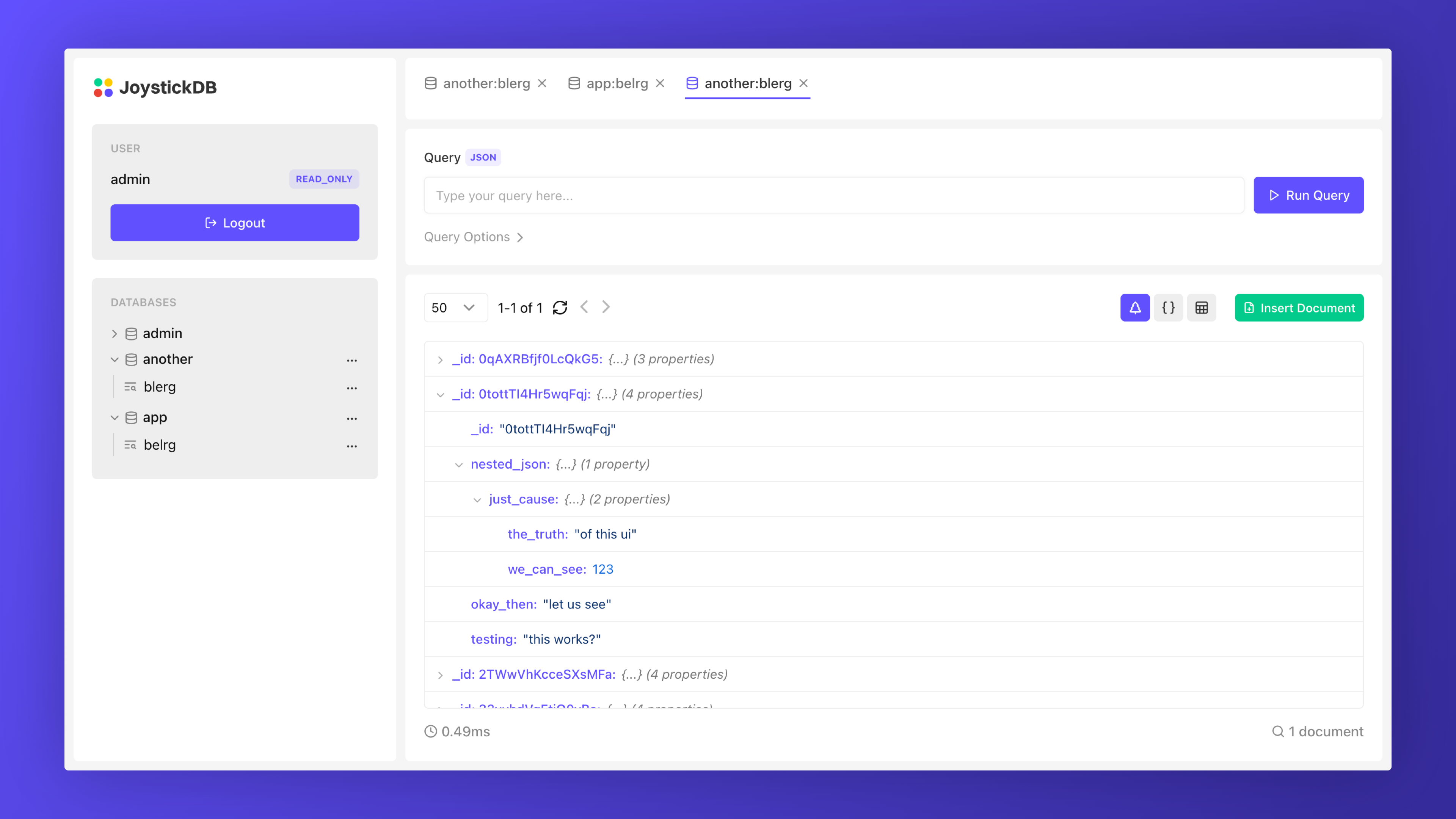 JoystickDB GUI app css dashboard database explorer gui html light navigation ui ux