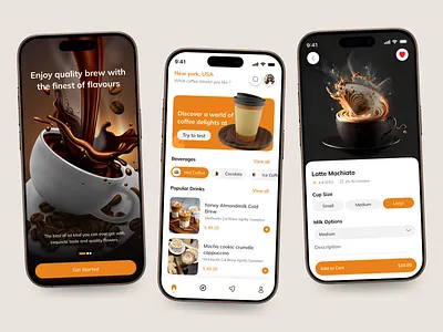 Coffee Shop Mobile App Design beans coffee brown cafe app cappuccino chocolate coffee coffee app coffee cup coffee delivery coffee mobile app coffee shop color app drink food and drink food app ios app mobile app online coffee app order app restaurant
