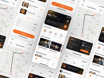 Surens - Food Delivery App black delivery desing food layout mobile orange popular tracking trending