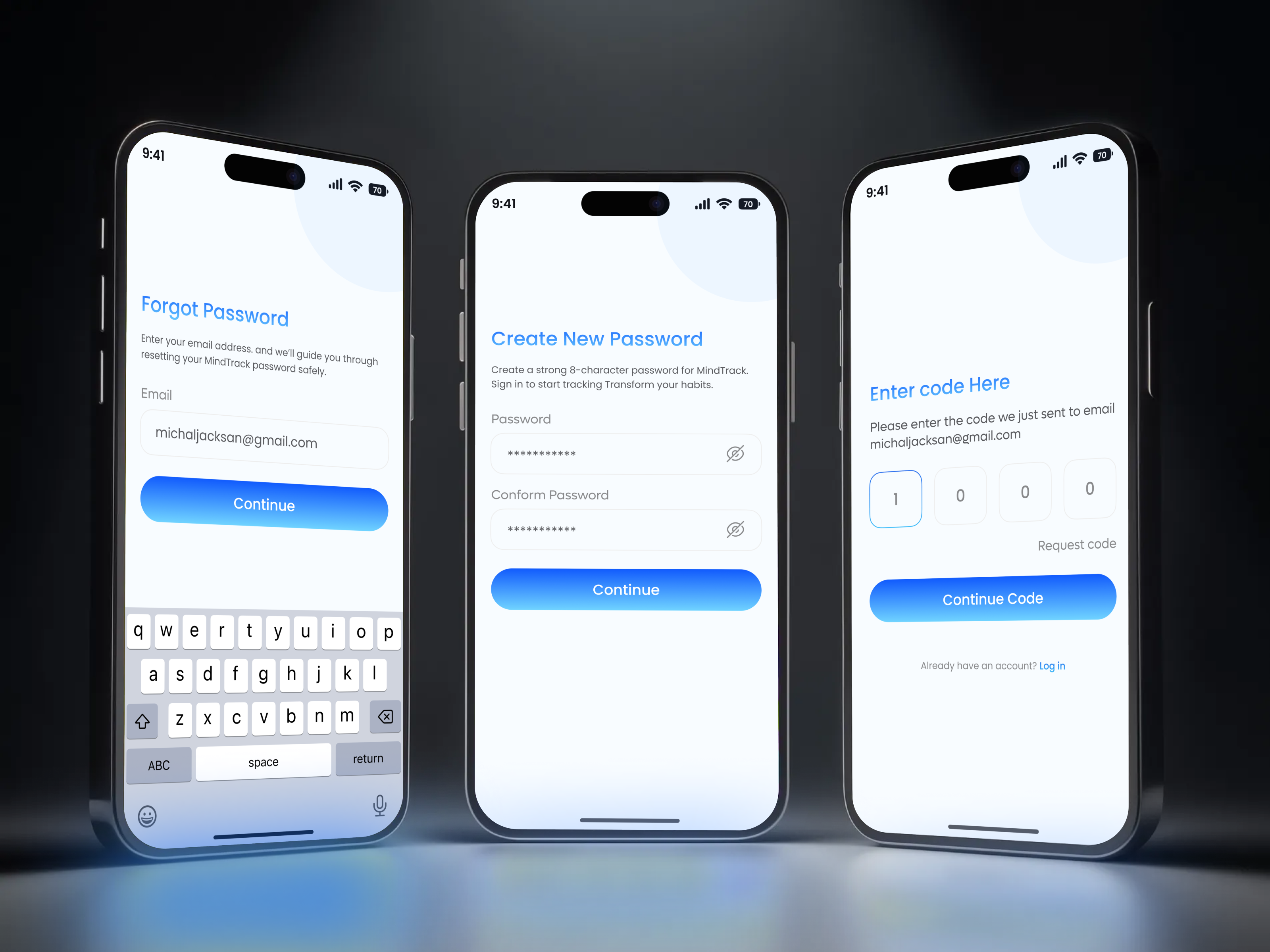 Forgot Password & OTP Verification UI app ui authentication flow clean design figma forgot password health app login flow minimal ui mobile app design mobile ui modern ui onboarding otp verification password reset product design ui design uiux ux design verification ui wellness app