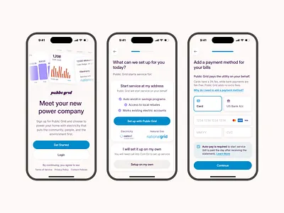 Onboarding for utility management app clean dashboard energy management fintech flat ios design minimal mobile app multi step form onboarding flow payment setup service selection shadcn shadcnui tailwind utility app welcome screen