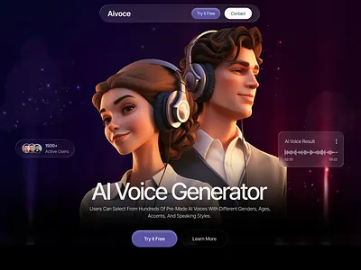 Aivoce | AI Voice Generator Landing Page (Hero UI) ai ai tool ai voice conversion design dark ui gradient ui hero section homepage landing page pixxen product design saas saas landing page speech synthesis text to speech tts ui design ux design voice generator web design